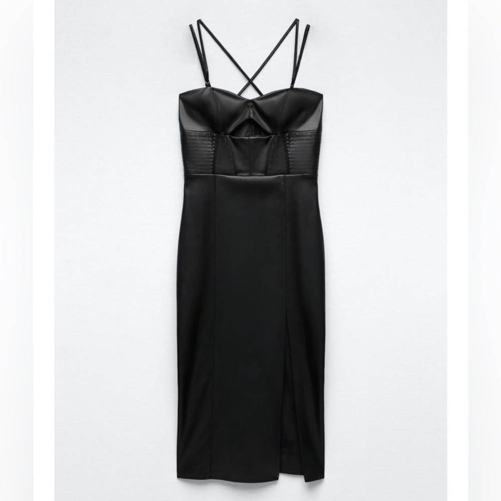 Zara Bloggers Fav Topstitched Faux Leather Midi Slit Christmas CutOut Dress Sz M - Picture 6 of 17